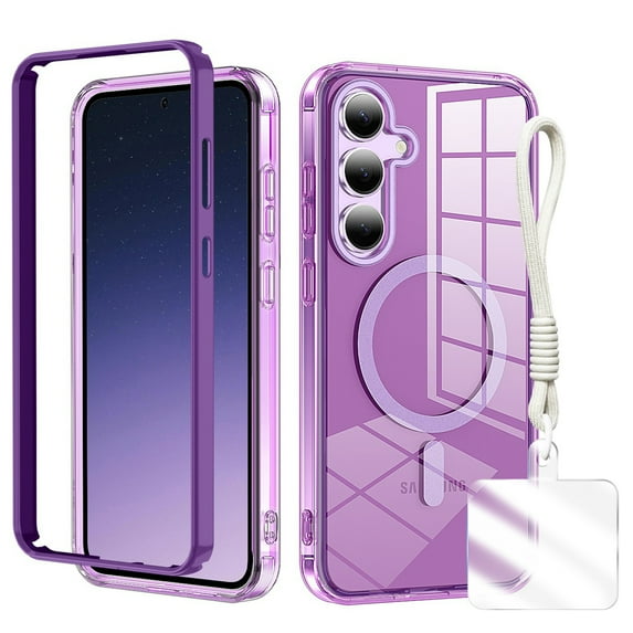 Clear Shockproof Galaxy S25+ Plus Case with Hand Strap, Anti-Yellow Hard PC Back & Soft TPU Bumper Protective Cover, Compatible with Mag-Safe Phone Case for Samsung Galaxy S25+ Cover,Darkpurple