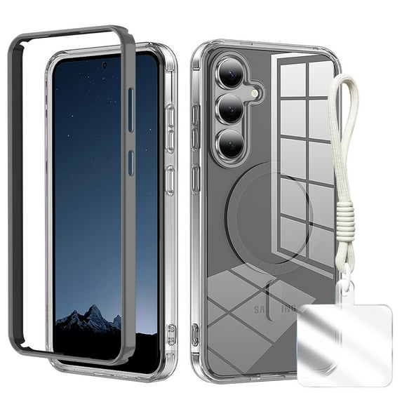 Clear Shockproof Galaxy S25+ Plus Case with Hand Strap, Anti-Yellow Hard PC Back & Soft TPU Bumper Protective Cover, Compatible with Mag-Safe Phone Case for Samsung Galaxy S25+ Cover,Grey