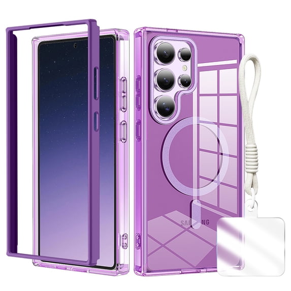 Clear Shockproof Galaxy S25 Ultra Case with Hand Strap, Anti-Yellow Hard PC Back & Soft TPU Bumper Protective Cover, Compatible with Mag-Safe Phone Case for Samsung Galaxy S25 Ultra Cover,Darkpurple