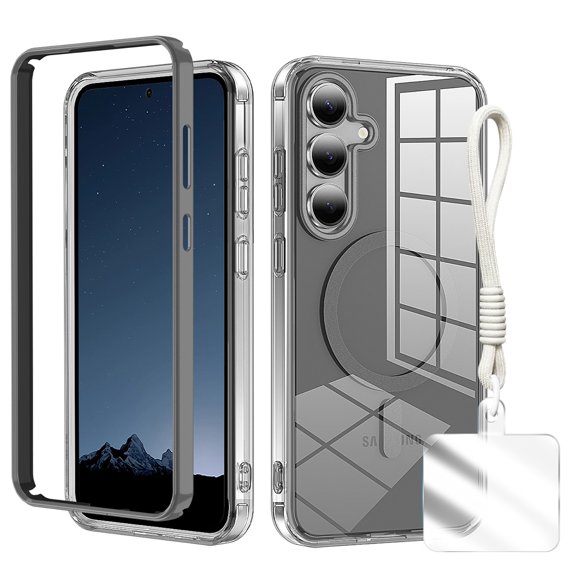 Clear Shockproof Samsung Galaxy S25 Case with Hand Strap, Anti-Yellow Hard PC Back & Soft TPU Bumper Protective Cover, Compatible with Mag-Safe Phone Case for Samsung Galaxy S25 Cover,Grey
