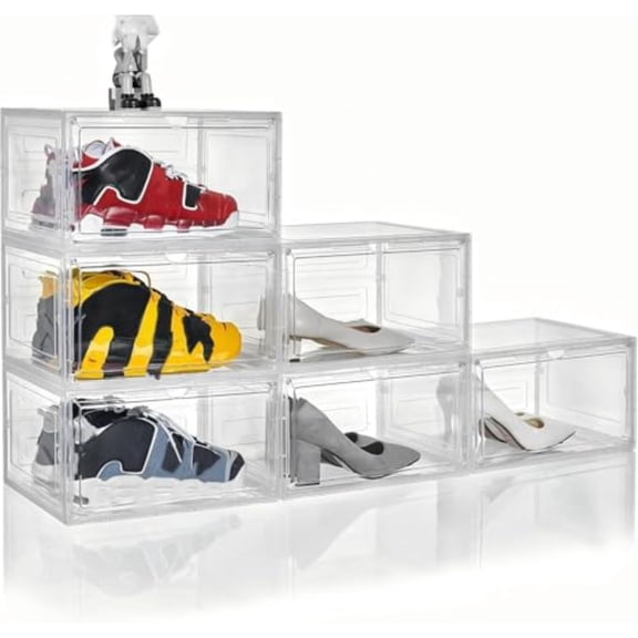 Clear Shoe Box Plastic Stackable Upgraded 6 Pack Shoe Storage Box Organizer with Clear Large Magnetic Door for Display Sneakers Easy Assembly White