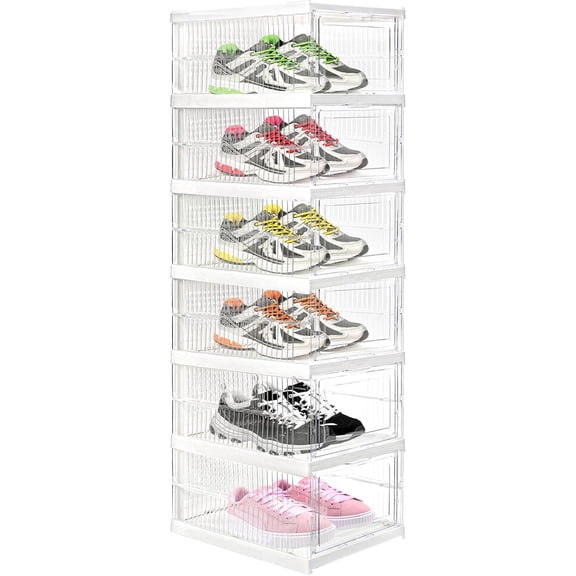 Clear Shoe Boxes Stackable, Drop Front Shoe Storage Box, No Assembly Plastic Shoe Organizer Storage Bin with Door, Free Standing Shoe Shelf Cabinet with Lid