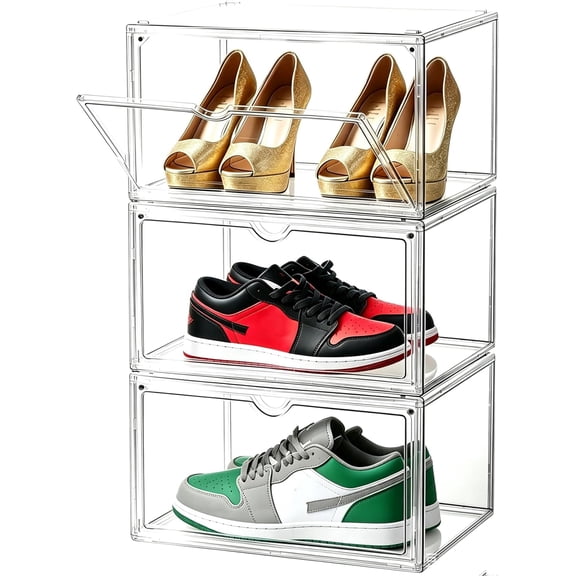 Clear Shoe Organizer,Stackable Shoe Display Case,Shoe Box Storage Bins with Magnetic Door,Fit Shoe Size Up to US 14 (X-Large-3Pack)