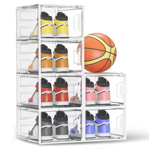 Proarea 6 Pack XX-Large Study Clear Shoe Storage Boxes with Magnetic Door, Stackable Hard Plastic Organizer for Closet Fit Size 14, Clear