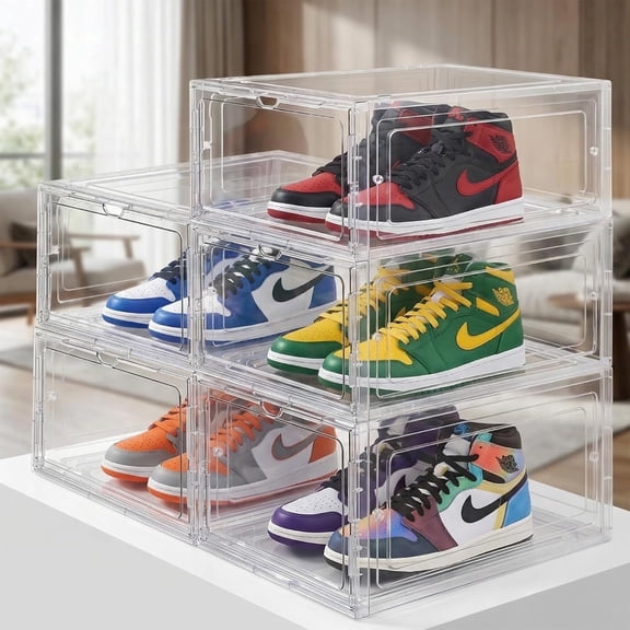 Clear Shoe Storage Boxes Stackable Acrylic Shoe Box Organizer with Drop Front, Thicken & Sturdy Shoe Boxes for Kids Shoe Storage, Assemble Shoe Drawer Organizer, 5 Pack