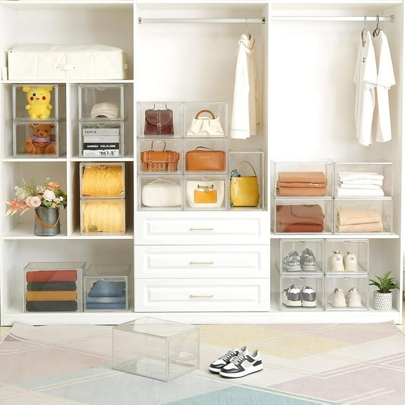 Clear Shoe Storage Boxes Stackable, Display Case With Magnetic Door, 4 Pack Acrylic, Plastic Shoe Boxes With Lids, Sneaker Storage