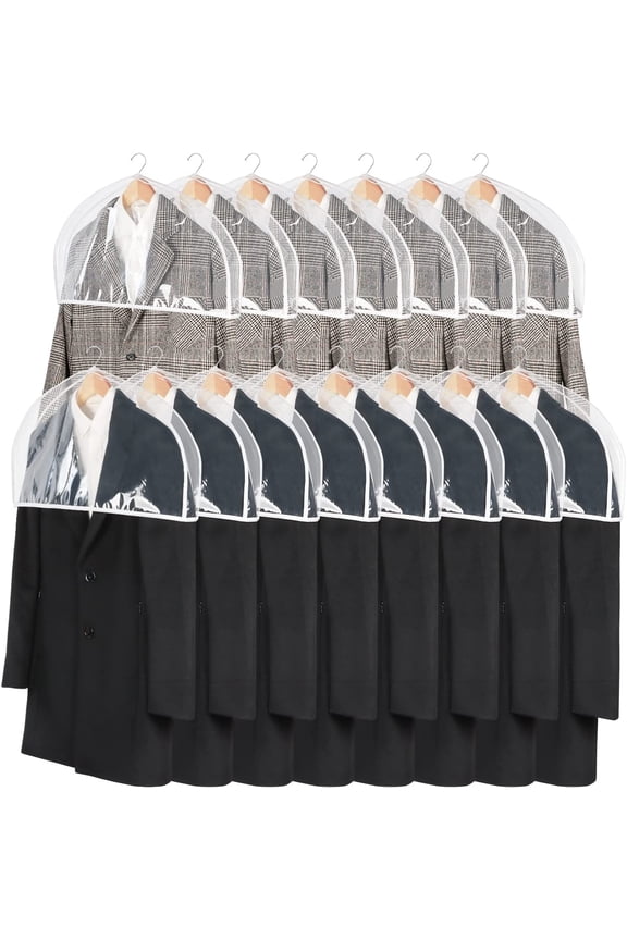 Clear Shoulder Covers for Clothes (Set of 15) Breathable Clothes Dust Cover Protectors with 2" Gusset for Suit, Coats, Jackets