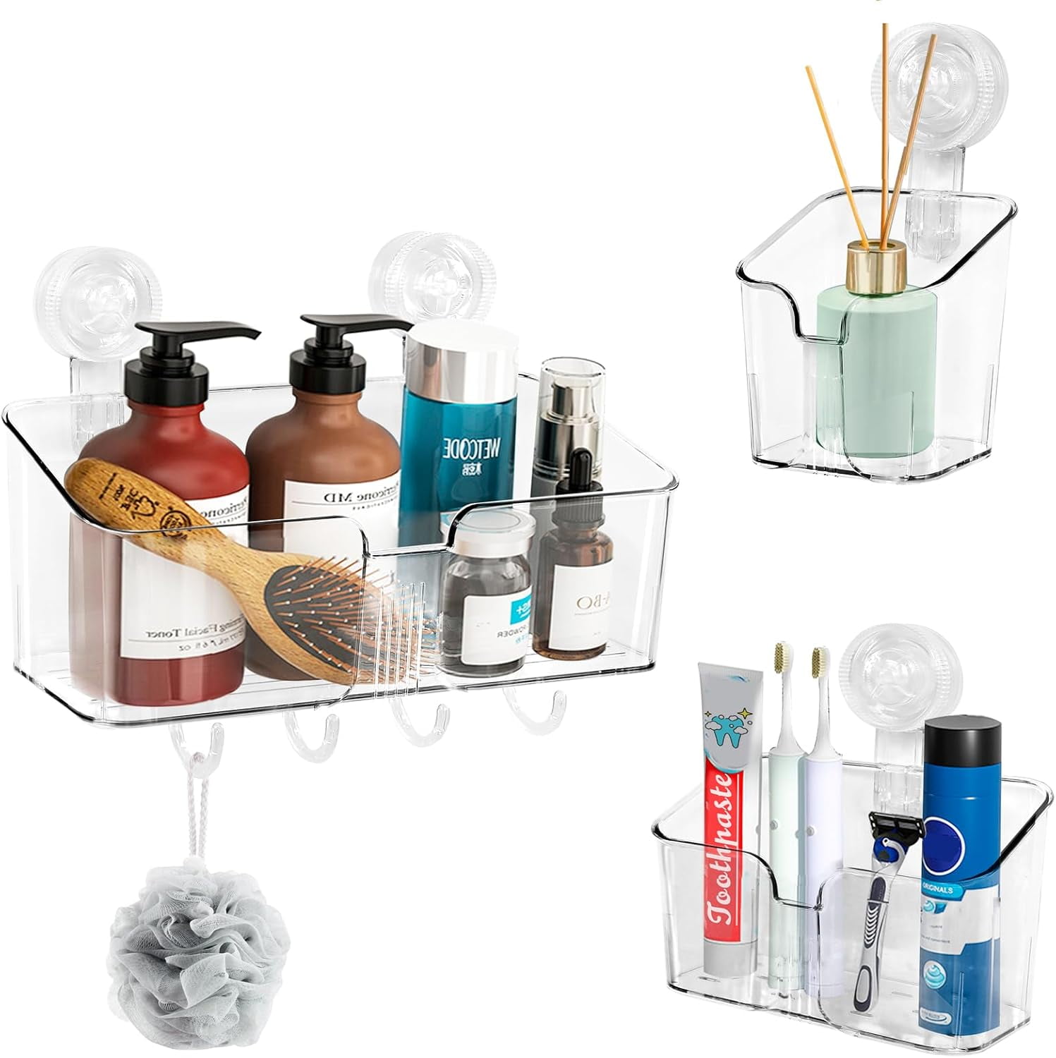 Clear Shower Caddy Suction Cup Shelf Organizer with Hooks Removable ...