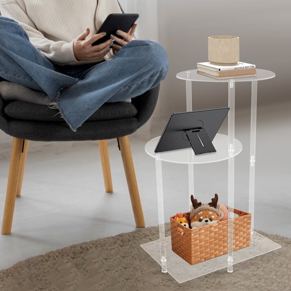 Clear Side Table, 3-Tier PC Freestanding Side Table Bedside Tables with Open Storage Shelf for Living Room, Bedroom, Office (Round)