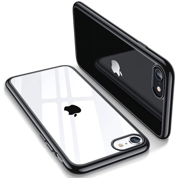 Clear Silicone Case Compatible with iPhone SE (2022), iPhone SE (2020), iPhone 8, and iPhone 7, Thin Soft TPU Transparent Protective Cover, Yellowing Resistant, Metallic Black
