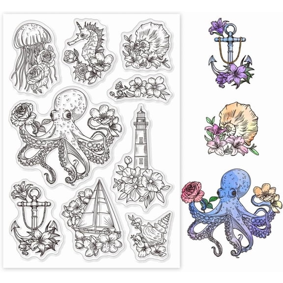 Clear Silicone Stamps: Sea Octopus Jellyfish Lighthouse Anchor Rose Patterns