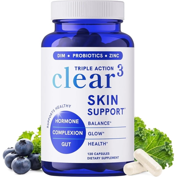 Clear Skin Supplement with Zinc, DIM & Probiotics, 3-in-1 Formula with Hyaluronic Acid, Niacinamide & Vitamins, Dietary Supplement, 120 Capsules