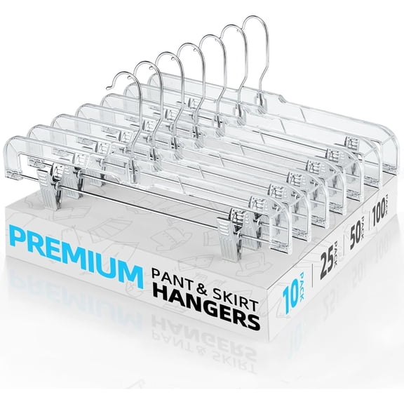 Clear Skirt Hangers with Clips, Non-Slip Plastic Pant Hanger with 2 Adjustable Clips, Upgraded Clip Hanger for Pants, Skirts, Shorts, 14" Clear Hangers 10 Pack, 360-Rotating Swivel Hook