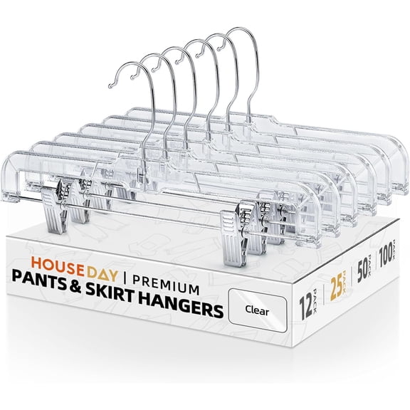 Clear Skirt Hangers with Clips, Non-Slip Pants for Closet, Clip Hanger Pant, Skirts, Shorts, 14'' Plastic Hanger, Pack of 25
