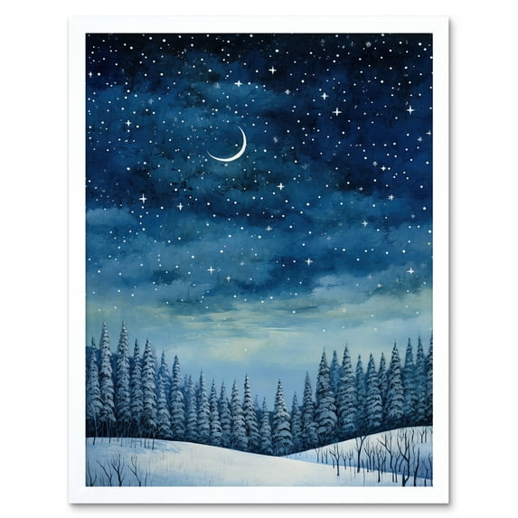 Clear Sky Starry Night in Forest Covered with Snow Oil Painting Crescent Moon Winter Landscape Art Print Framed Poster Wall Decor 12x16 inch