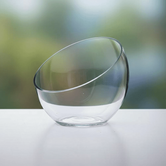 Clear Slant Cut Glass Bowl Vase for Terrariums, Candy, or Display, 7-Inch Slant Opening, 6-Inch Height, 4-Inch Base, Modern Home Decor Glassware