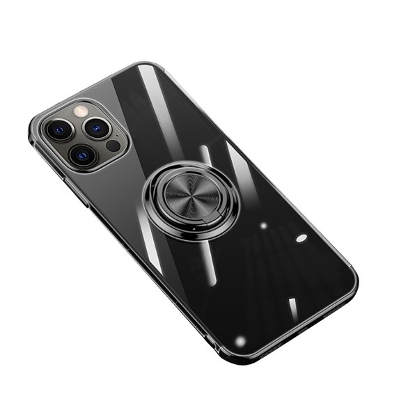 Clear Slim Soft Case with Electroplated Frame, Ring Stand, and Magnetic Car Mount for Phone 12 Pro Max 6.7 Inch