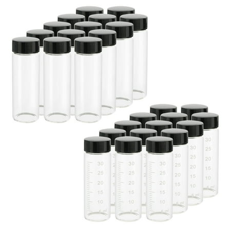 Clear Small Glass Vials with Scale(14pcs) Black Screwcap Liquid Sampling Sample Glass Bottles for Chemistry Lab Chemicals 28pcs 30ml
