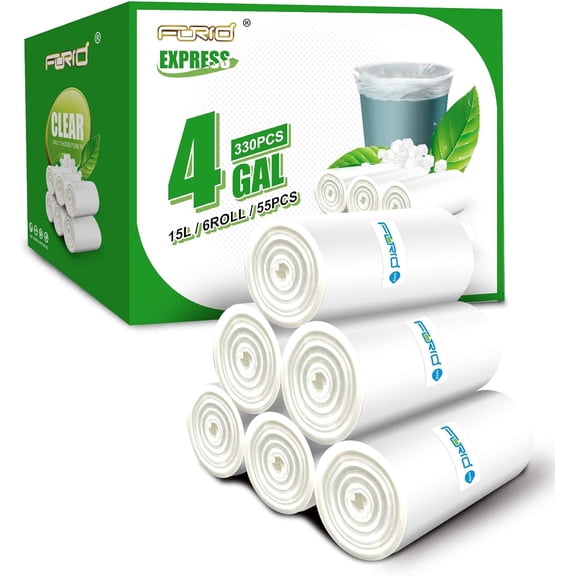 Clear Small Trash Bags, 4 Gallon Garbage Bags, Wastebasket Bin Liners 330 Count Plastic Trash Bags for Bathroom Bedroom Office Trash Can 15 Liters - Durable & Thick Trash Bag
