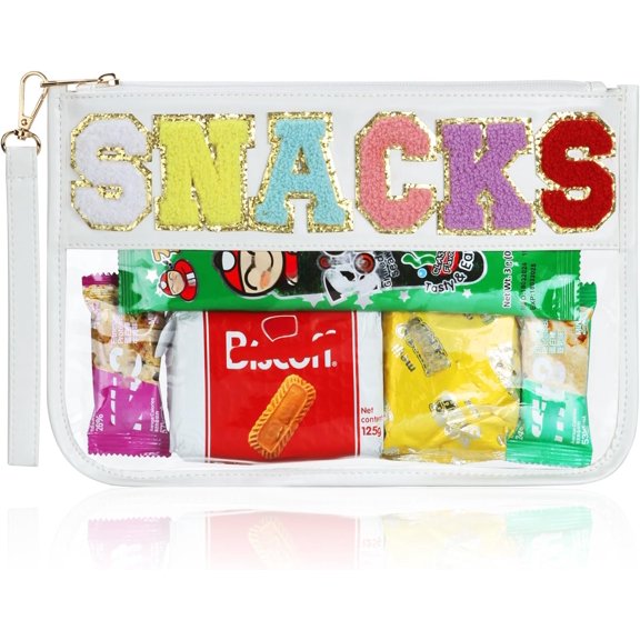 Clear Snack Bag for Travel, Varsity Chenille Letter Patch Flat Pouch with Zipper, Preppy Makeup Bags, PVC&PU Toiletry Bag for Women Girls, White