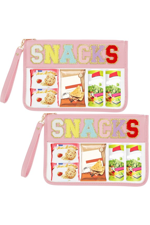 Clear Snacks Pouch, 2 Pack Transparent Waterproof Travel Makeup Cosmetic Bag, Multi-purpose Monogram Nylon and PVC Flat Stadium Purse with Zipper for Women and Girls