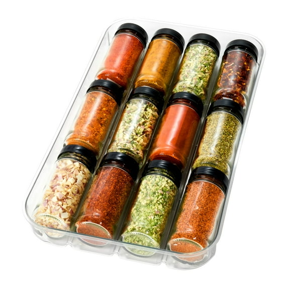 madesmart 4-Compartment Spice Drawer Organizer, Kitchen Organization and Storage, Clear Collection, Holds up to 12 Seasoning Containers, Bottles, Jars, Clear/Grey