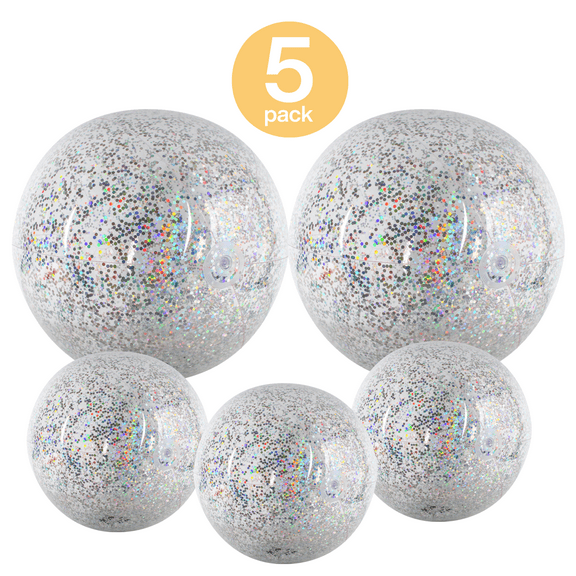 Clear Sports Beach Balls with Rainbow Sequin Glitter & Confetti - Summer Beach Pool Party Toy Volleyball Soccer Game & More 5 pcs