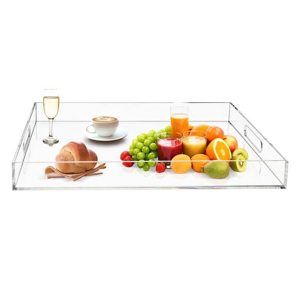 Clear Square Acrylic Serving Tray, Waterproof Storage Organizer Tray with Double Handles for Kitchen Bathroom Bar, 18.918.9In