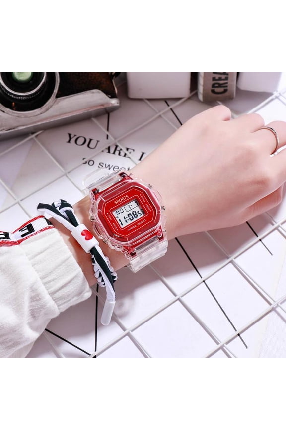 Clear Square Case Digital LED Watch, Multi-Function Retro Transparent Wrist Watch for Sports Daily Casual Business Wear, Trendy Adjustable Strap Quartz Wristwatch