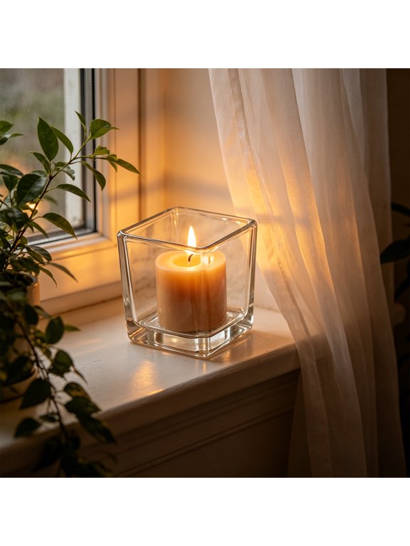 Clear Square Glass Candle Holder, Thick Heavy Duty Glass Tealight Votive Cup with Classic Shape and Multi Purpose Use, Minimalist Glass Vase for Wedding Dining Table Bathroom Vanity and Home Decor