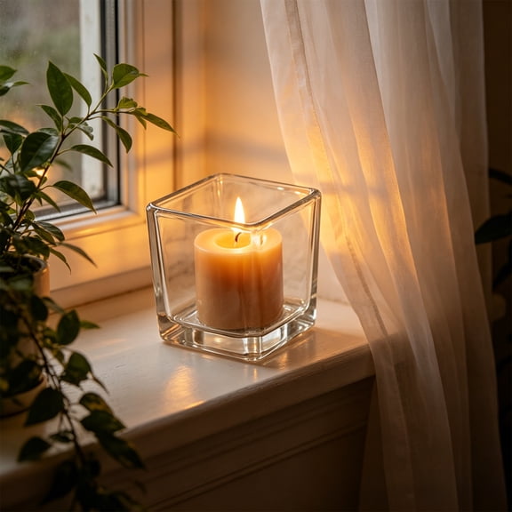 Clear Square Glass Candle Holder, Thick Heavy Duty Tealight Votive Cup, Minimalist Vase for Wedding Dining Table Home Decor