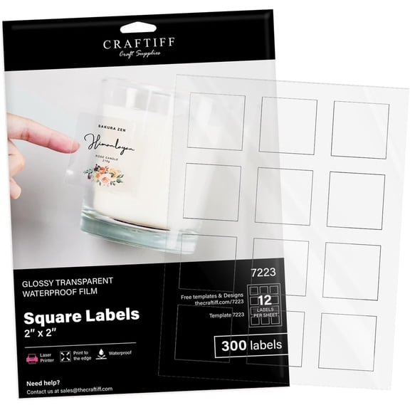 Clear Square Labels Stickers 2x2 Inches Glossy for Laser Printer, Transparent Self Adhesive Vinyl Pack of 300