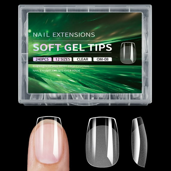 Clear Square Nails Tips Set 240Pcs Gel Full Cover False Nails 12 Sizes Nails Extensions for Home Manicure