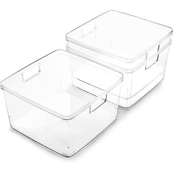 Clear Square Plastic Storage Bins 3 Pack with Built-In Handles BPA-Free