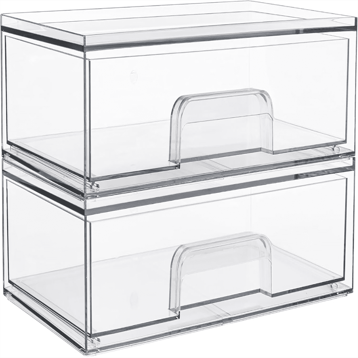 Clear Stackable Drawer Organizer, 2-Pack - Plastic Storage Drawers For Desk, Countertop, Dresser, Kitchen, Pantry, Bathroom, Office