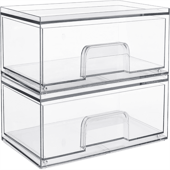 Clear Stackable Drawer Organizer, 2-Pack - Plastic Storage Drawers For Desk, Countertop, Dresser, Kitchen, Pantry, Bathroom, Office