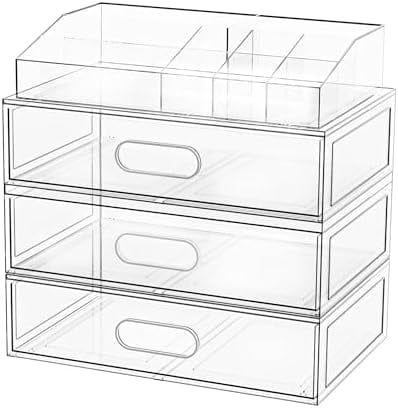 Clear Stackable Makeup Organizer with Drawer, 12''W Acrylic Storage ...