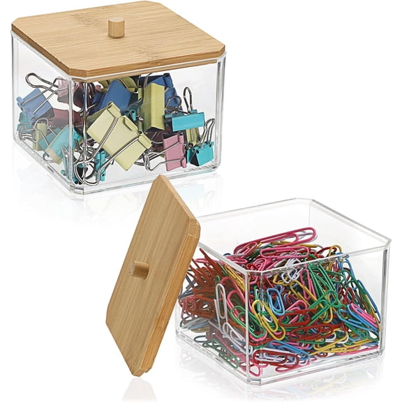 Clear Stackable Paper Clip Holder with Bamboo Lid 2-Layer Paperclip Box Thick Acrylic Office Supply Accessory Organizer Square Small Storage Holder Cute Qtip Holder for Office Bathroom Vanity