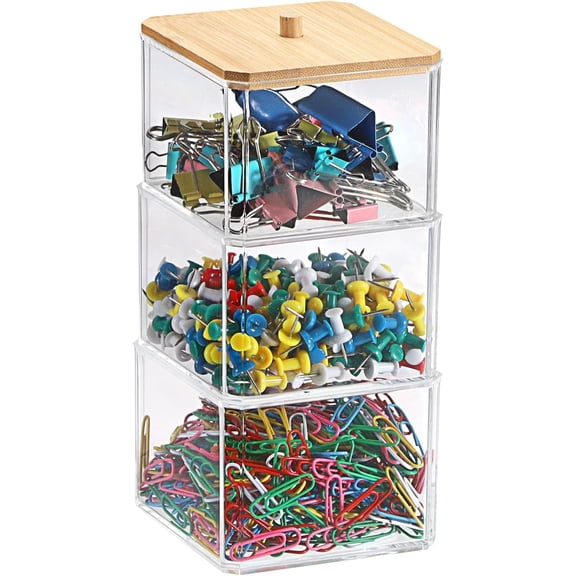Clear Stackable Paper Clip Holder with Bamboo Lid 2-Layer Paperclip Box Thick Acrylic Office Supply Accessory Organizer Square Small Storage Holder Cute Qtip Holder for Office Bathroom Vanity