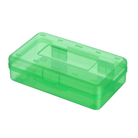 "Clear Stackable Plastic Pencil Box with Snap-Tight Lid - Large Capacity Organizer for Office Supplies, Pens, Markers, Crayons & Stationery Storage" (149 characters)