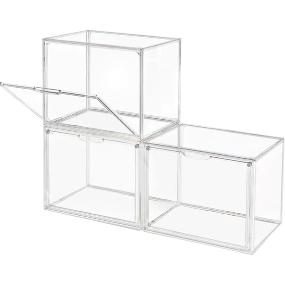 Clear Stackable Plastic Storage Bin with Magnetic Lid Dustproof Acrylic Display Case for Collectibles Large Size 3 Pack