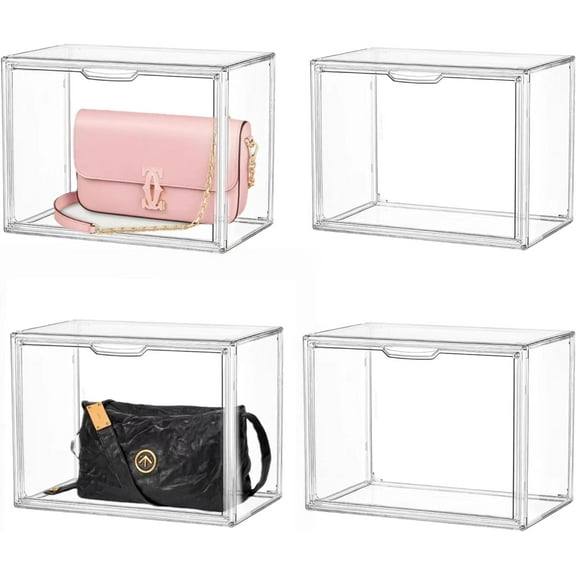 Clear Stackable Plastic Storage Bins with Magnetic Attraction Lid, Acrylic Box Display Case Showcase for Cosmetic, Large Figures Collectibles (4 Pack, X-Large)