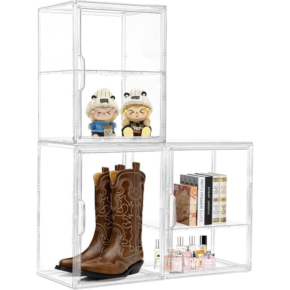 Clear Stackable Plastic Storage Bins with Magnetic Lid, Display Box for Large Figures Collectibles, Cosmetic, Shoe, Perfume and Purse