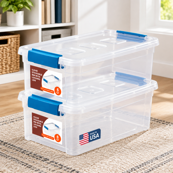 Clear Stackable Storage Bin with Lid, 6 Quart, 14.49 x 9.53 x 6.42 Inches