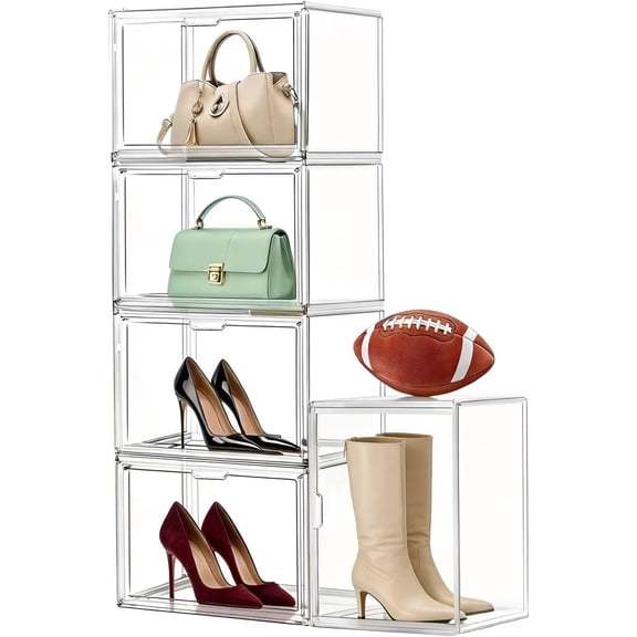 Clear Stackable Storage Bins, Acrylic Display Case, Acrylic Boxes with Lids, Magnetic Lid Storage Bins for Handbags & Purse, Large Figures Collectibles, Storage Box for Home Organization(5 Pack)