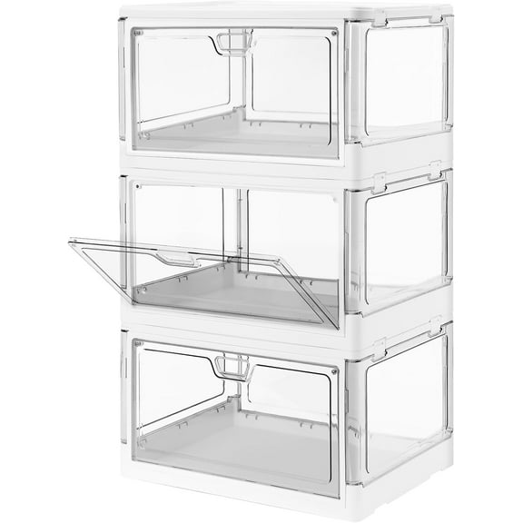 Clear Stackable Storage Bins with Lids Magnetic Doors Open Front Foldable Folding Plastic Craft Containers Large Closet Organizers Box for Bedrooms Living Rooms Study Kids' Toys 24 QT