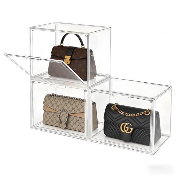 GUDEMAY Clear Stackable Storage Boxes - Transparent Lidded Organizer for Shoes, Bags & Collectibles, Space-Saving Plastic Shelf Cabinet, 3 Pack