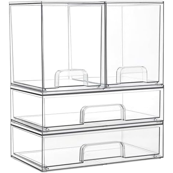 Clear Stackable Storage Drawers Set of 4, Plastic Organizer Bins for Makeup, Cosmetics, Beauty Supplies,Ideal for Vanity, Bathroom,Cabinet,Pantry Organization