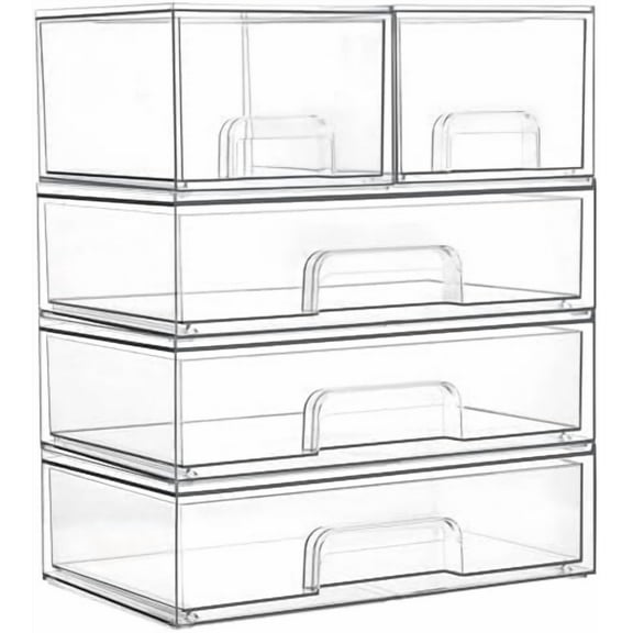 Clear Stackable Storage Drawers Set of 5, Plastic Organizer Bins for Makeup, Cosmetics, Beauty Supplies,Ideal for Vanity, Bathroom,Cabinet,Pantry Organization
