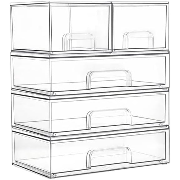Clear Stackable Storage Drawers Set of 5, Plastic Organizer Bins for Makeup, Cosmetics, Beauty Supplies,Ideal for Vanity, Bathroom,Cabinet,Pantry Organization